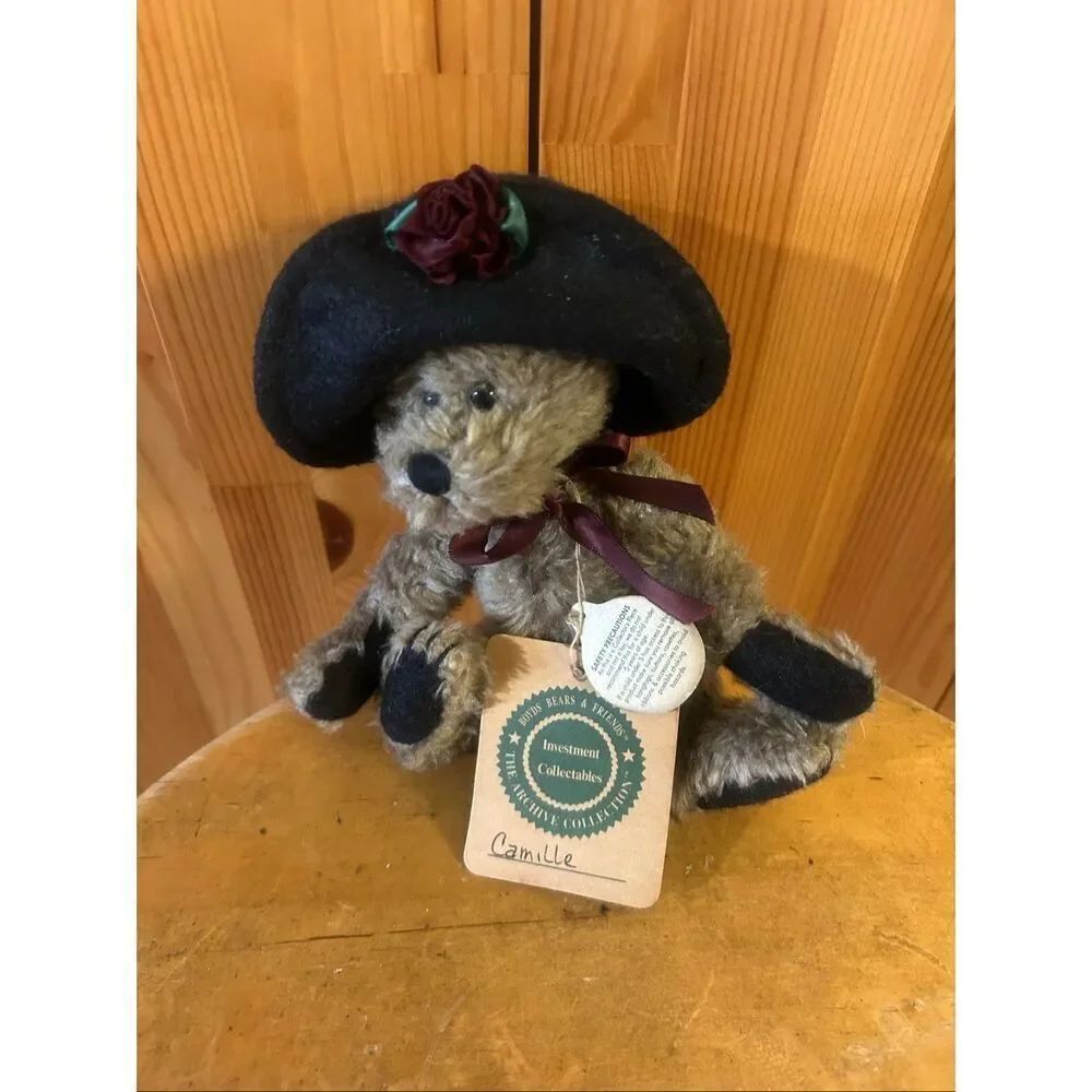 Vintage Plush Boyd Bear With Black Hat With Rose Flower.(5819)